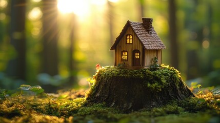 Poster - A sunlit forest scene with a miniature wooden house nestled on a moss-covered stump, creating an enchanting, woodland vibe.