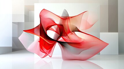 Poster - Soft white background with red digital flowing lines, futuristic movement and dynamic abstract design.