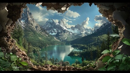 Poster - A torn papery frame reveals a stunning mountain lake, surrounded by snow-capped peaks and green foliage, as if glimpsing a secret paradise