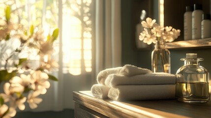 Poster - A tranquil spa setting with soft sunlight streaming in, featuring a clear bottle of essential oil, neatly folded towels, and delicate flowers adding a serene touch.