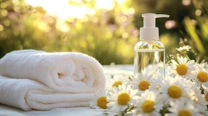 Aufkleber - A tranquil sunlit spa scene with a clear bottle of lotion, white towels, and delicate flowers, capturing a sense of calm and relaxation.