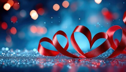 Aufkleber - elegant red ribbon heart shapes on shimmering blue bokeh background, romantic festive decoration for valentine's day design


