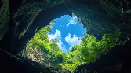 Aufkleber - A view from within a cave opening, showing a vibrant blue sky and lush greenery beyond, highlighting the contrast between darkness and nature light.