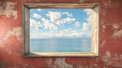 Poster - A weathered red stone window frames the ocean view, with the sky above painted in soft, muted clouds, offering a peaceful, scenic view.