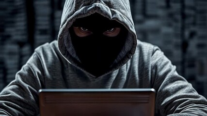 Poster - Dark figure in hoodie engaged in cyber attack aiming for data breach and security compromise