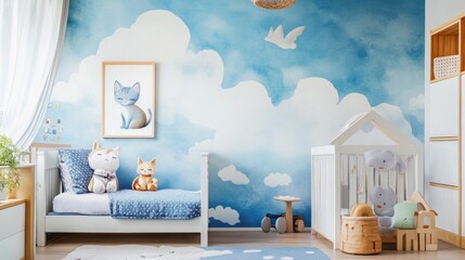 Poster - A whimsical cat mural in a children bedroom features adorable cats on clouds, combining shades of blue and white to create a calm, dreamy atmosphere.
