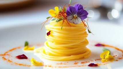 Poster - An elegant plate of spaghetti arranged in a neat stack, adorned with vibrant saffron and delicate edible flowers, perfect for a fine dining experience.