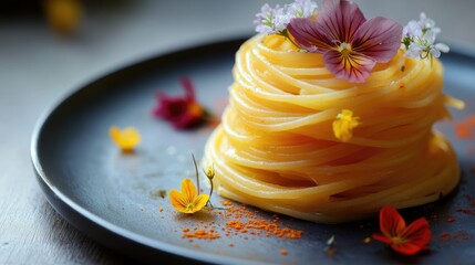 Poster - An elegant plate of spaghetti arranged in a neat stack, adorned with vibrant saffron and delicate edible flowers, perfect for a fine dining experience.
