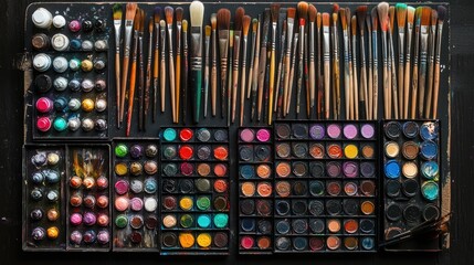 Poster - An organized array of paintbrushes and vibrant acrylic paints on a black wooden surface, a perfect setup to spark artistic inspiration