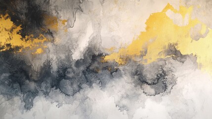 Leinwandbilder - A dramatic abstract painting with ink-like silver and gray tones, golden elements, and yellow watercolor on textured paper, evoking a celestial atmosphere.