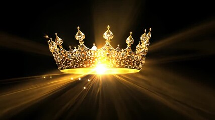 Poster - stunning golden crown with sparkling diamonds surrounded by glowing light effects on black backgroun