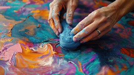Aufkleber - Close-up of hands molding clay into a refined artistic form, set against a lively and vibrant backdrop, capturing the spirit of fine art.