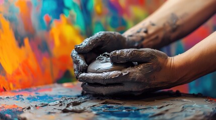 Aufkleber - Close-up of hands skillfully molding clay into an artistic shape, set against a vibrant and colorful background, capturing the essence of fine art craftsmanship.