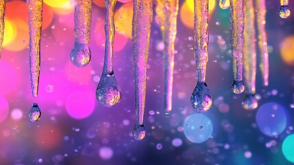 Poster - Glowing ice tubes dripping water with suspended droplets, surrounded by a gentle bokeh background creating a serene and mystical ambiance.