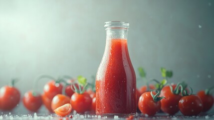 Poster - Homemade tomato sauce in a clear glass bottle, surrounded by fresh, plump tomatoes, showcasing natural and fresh ingredients.