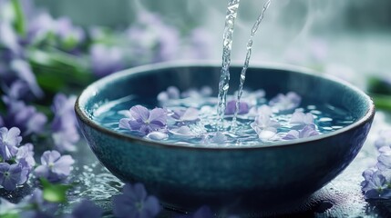 Poster - Hot water being poured into a blue bowl, surrounded by delicate purple flowers, creating a serene and calming atmosphere.