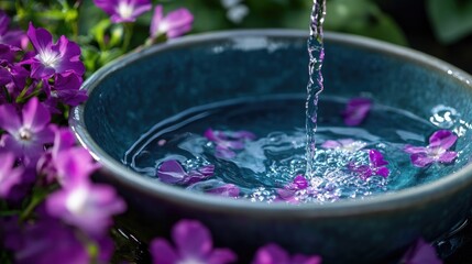 Poster - Hot water being poured into a blue bowl with purple flowers surrounding it, creating a tranquil moment of nature and simplicity.