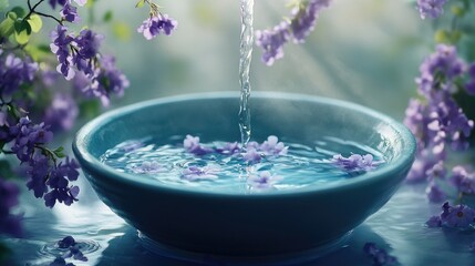 Poster - Hot water being poured into a blue bowl, surrounded by delicate purple flowers, creating a serene and calming atmosphere.