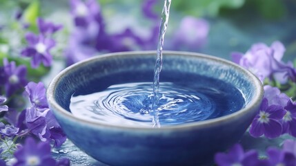 Poster - Hot water being poured into a blue bowl with purple flowers surrounding it, creating a tranquil moment of nature and simplicity.