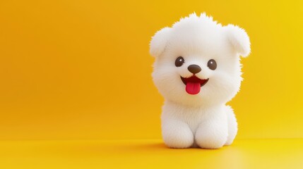 Poster - Minimalist 3D art of a fluffy white kawaii puppy with a red tongue and a big smile, set on a vibrant yellow background, playful and simple.