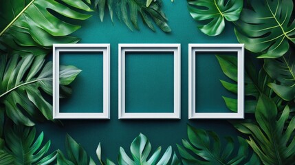 Poster - Minimalist design featuring three blank white frames, framed by vibrant green tropical leaves on a calming teal background.