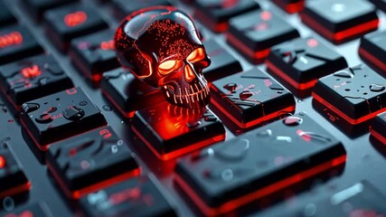 Poster - Skull and keyboard represent cybersecurity threats and data breaches in a digital landscape