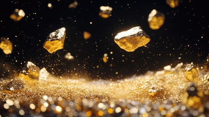 Poster - Several golden nuggets appear to levitate above a pile of gold dust, frozen in time, with a stark black background amplifying their gleam.