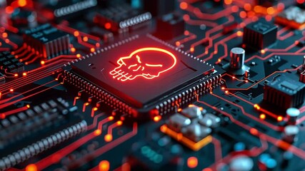 Poster - Advanced AI systems analyze malware threats on circuit board under digital scrutiny in 4K resolution