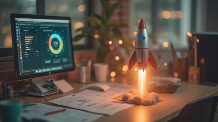 Poster - rocket launching from desk symbolizes innovation and creativity in modern workspace. scene is vibrant and inspiring