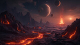dramatic volcanic landscape with flowing lava, distant planets, and fiery sky creates otherworldly scene