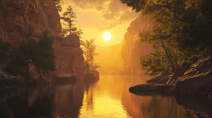 Poster - The setting sun bathes a hidden canyon in golden light, casting reflections on the water and highlighting the rugged beauty of the rock formations.