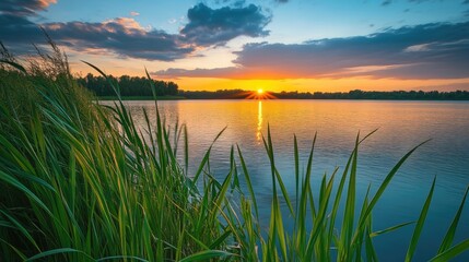Poster - The vibrant green of grass contrasts beautifully with the calm lake water, all bathed in the warm hues of a sunset sky.