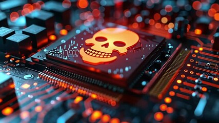 Poster - Malware alert with digital skull symbol on circuit board highlighting data breach risk