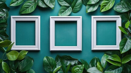 Poster - Three empty white frames, nestled among tropical green leaves, set against a teal background, ideal for photo or art displays.