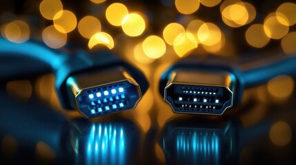 Poster - Two illuminated HDMI cable connectors shine brightly on a dark surface, creating a striking contrast against the blurred bokeh background
