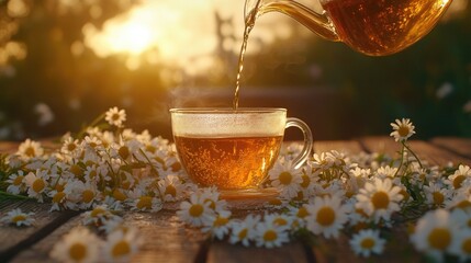 Poster - Warm herbal tea being poured into a glass cup, surrounded by chamomile flowers on a wooden table during sunset, creating a peaceful outdoor scene.