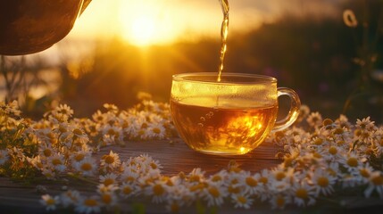 Poster - Warm herbal tea being poured into a glass cup, surrounded by chamomile flowers on a wooden table during sunset, creating a peaceful outdoor scene.