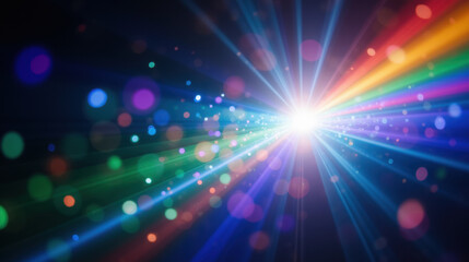Poster - Vibrant light rays burst through dark background, creating colorful spectacle. scene is filled with bright bokeh effects, evoking sense of wonder
