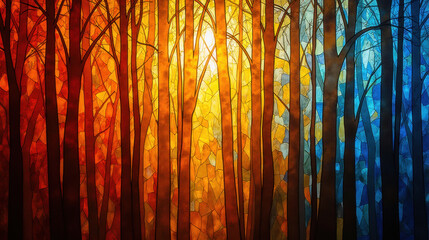 Poster - vibrant forest scene with colorful stained glass trees and sunlight filtering through. warm hues create serene atmosphere