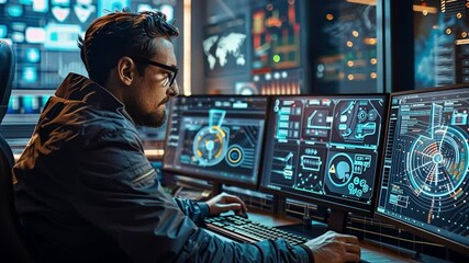 Poster - Cybersecurity expert monitors multiple screens to detect malware and breaches in real time