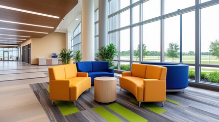 Poster - A modern lobby with colorful seating arrangements and large windows, creating a bright and welcoming atmosphere.