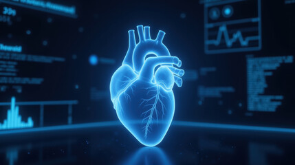 Poster - glowing heart model surrounded by digital data and graphs, symbolizing health and technology