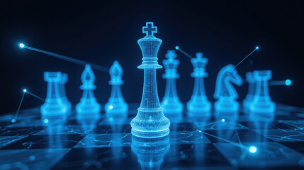 Poster - digital chessboard featuring glowing blue chess pieces, emphasizing strategy and competition