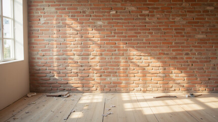 Poster - warm, inviting interior featuring rustic brick wall and wooden floor, illuminated by soft sunlight