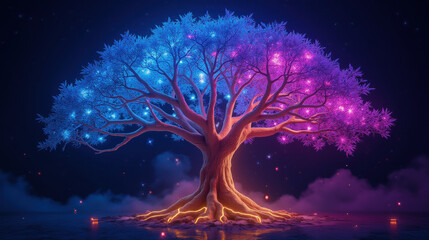 Poster - vibrant tree with glowing blue and pink leaves stands majestically against dark background, creating magical atmosphere