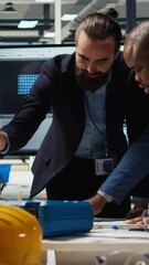 Poster - vertical video photovoltaics factory industrial production managers looking over schematics, plannin