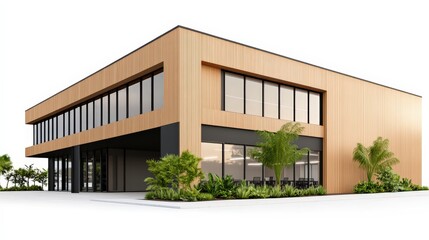 Poster - A modern wooden building with large windows and surrounding greenery, showcasing contemporary architecture and design.