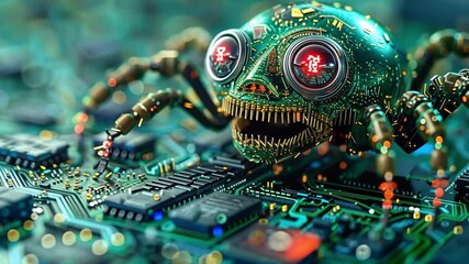 Poster - Intricate robotic spider representing malware on a circuit board with glowing eyes for enhanced data protection insights