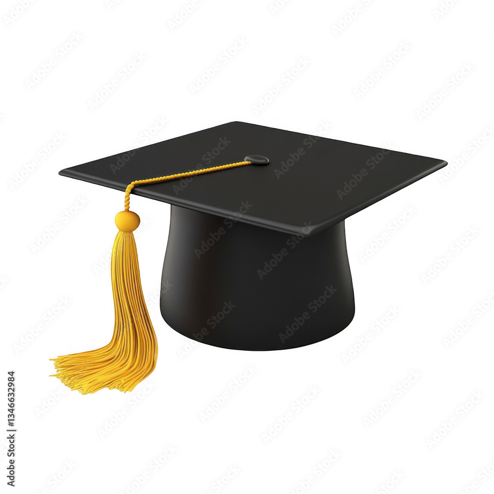 3D rendering of a black graduation cap with a yellow tassel on a white ...