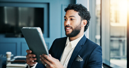 Fototapete - Happy, employee and man with tablet, business and checking stock market on web, online and digital. Office, sales manager and person with tech for industry trends, reading and performance of company
